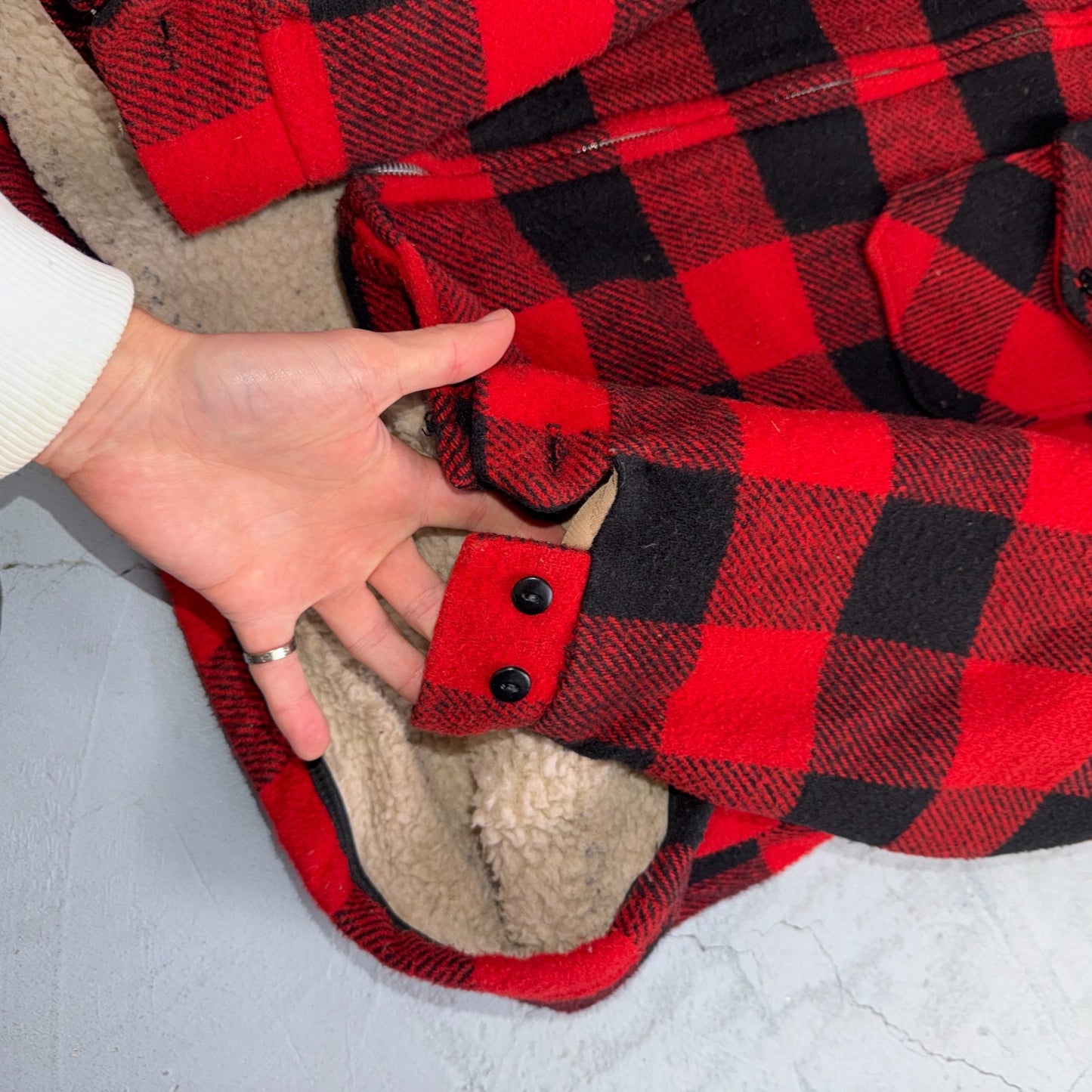 Vtg 80s CAL CRAFT USA Men’s L Red Black Buffalo Plaid Wool Sherpa Hunting Jacket