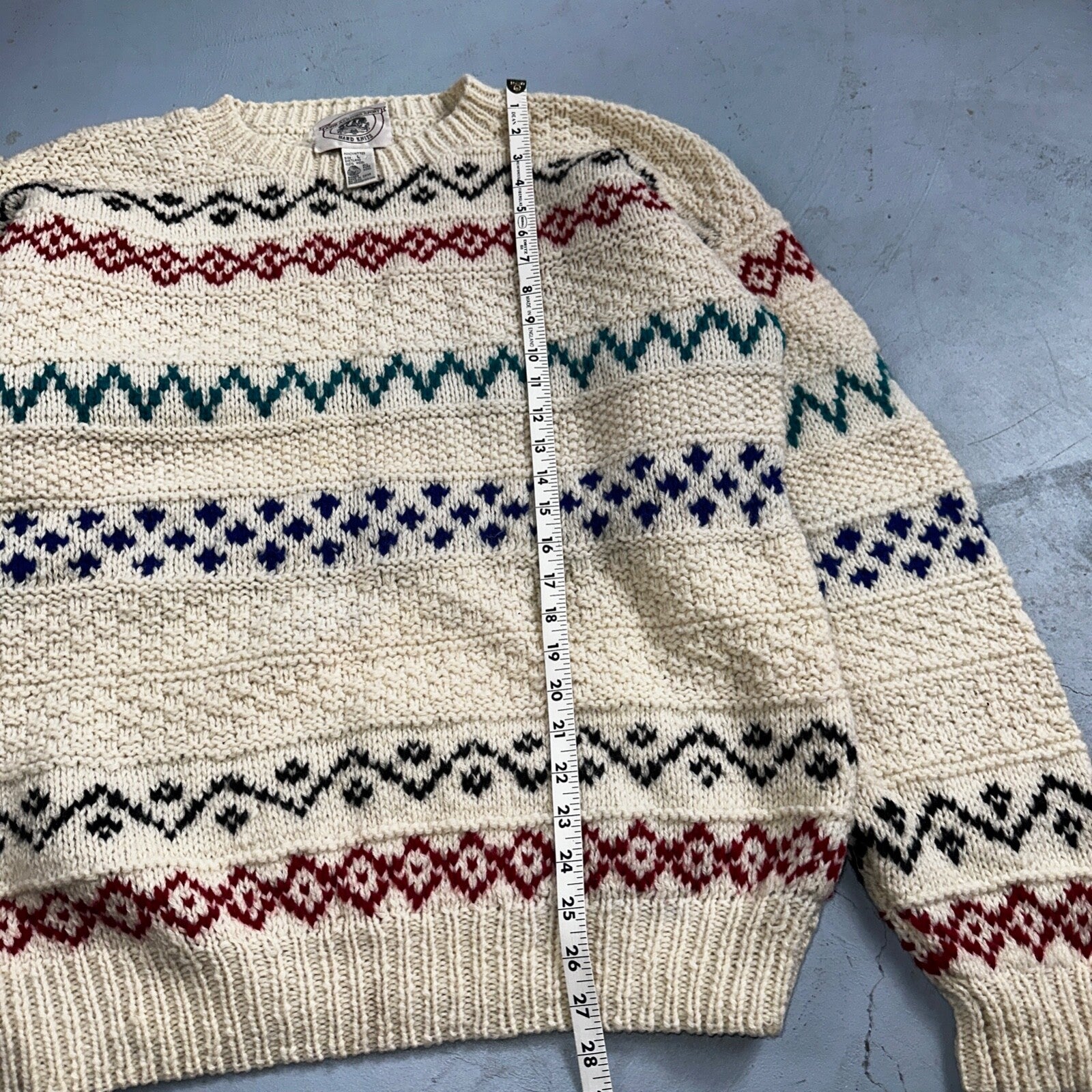 John Ashford VTG 80s Sweater Mens L Cream Multi Wool Fair Isle Hand Knit Crew