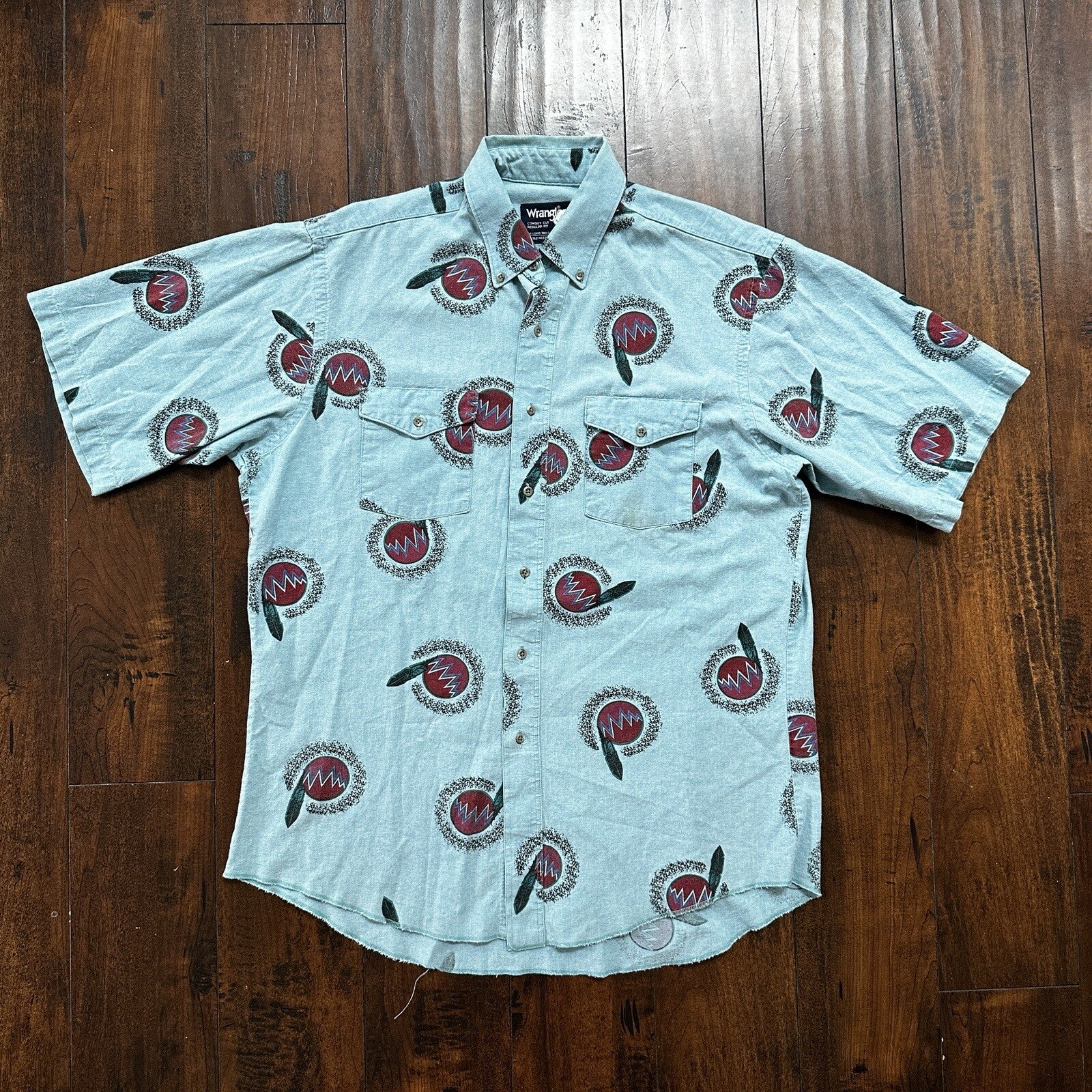 Wrangler VTG Aztec All Over Print Cowboy Cut Button Up Shirt Mens 16.5 USA