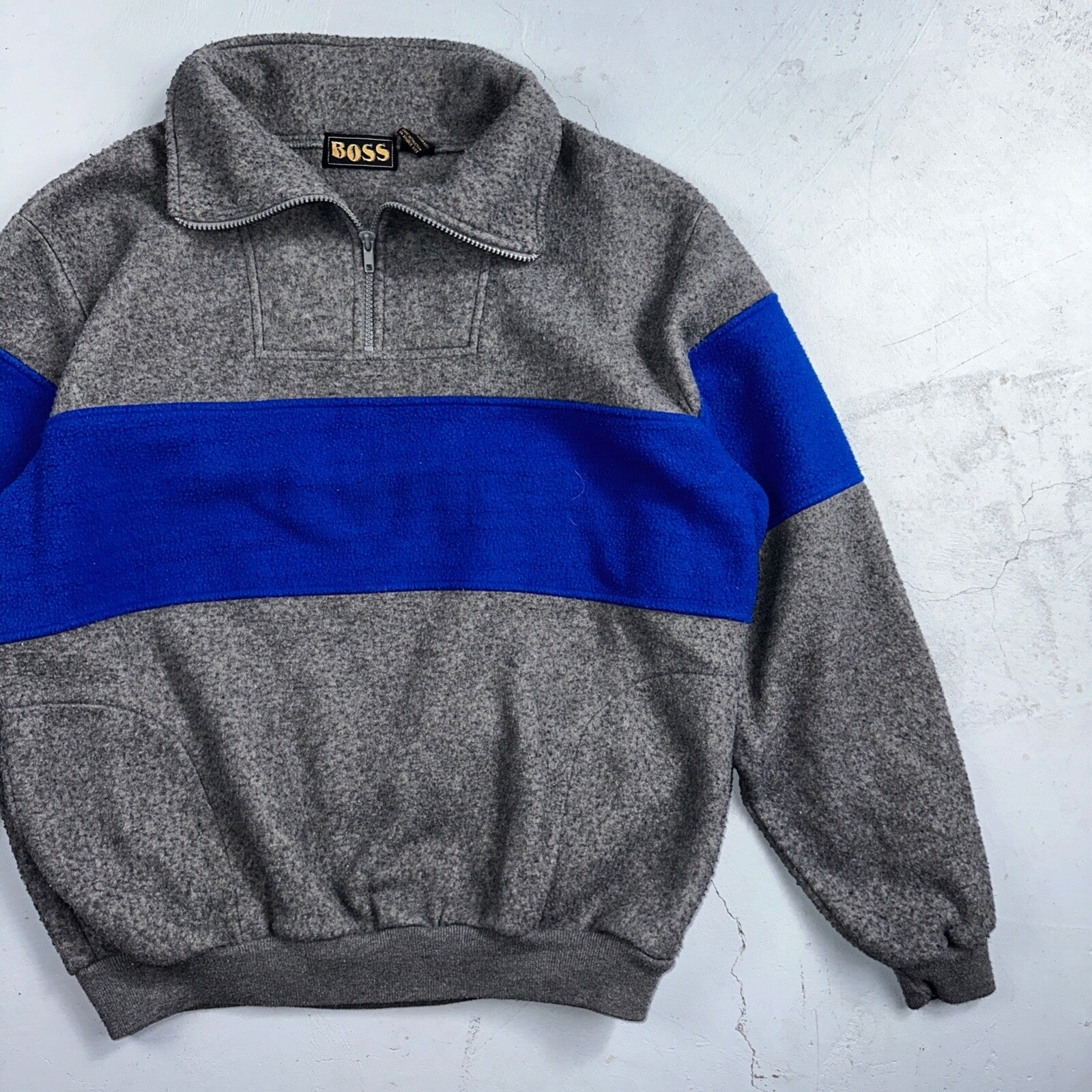 Boss 90s Quarter Zip Fleece Sweater Sweatshirt Jumper Grey Blue 1990s VTG Cool