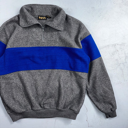 Boss 90s Quarter Zip Fleece Sweater Sweatshirt Jumper Grey Blue 1990s VTG Cool