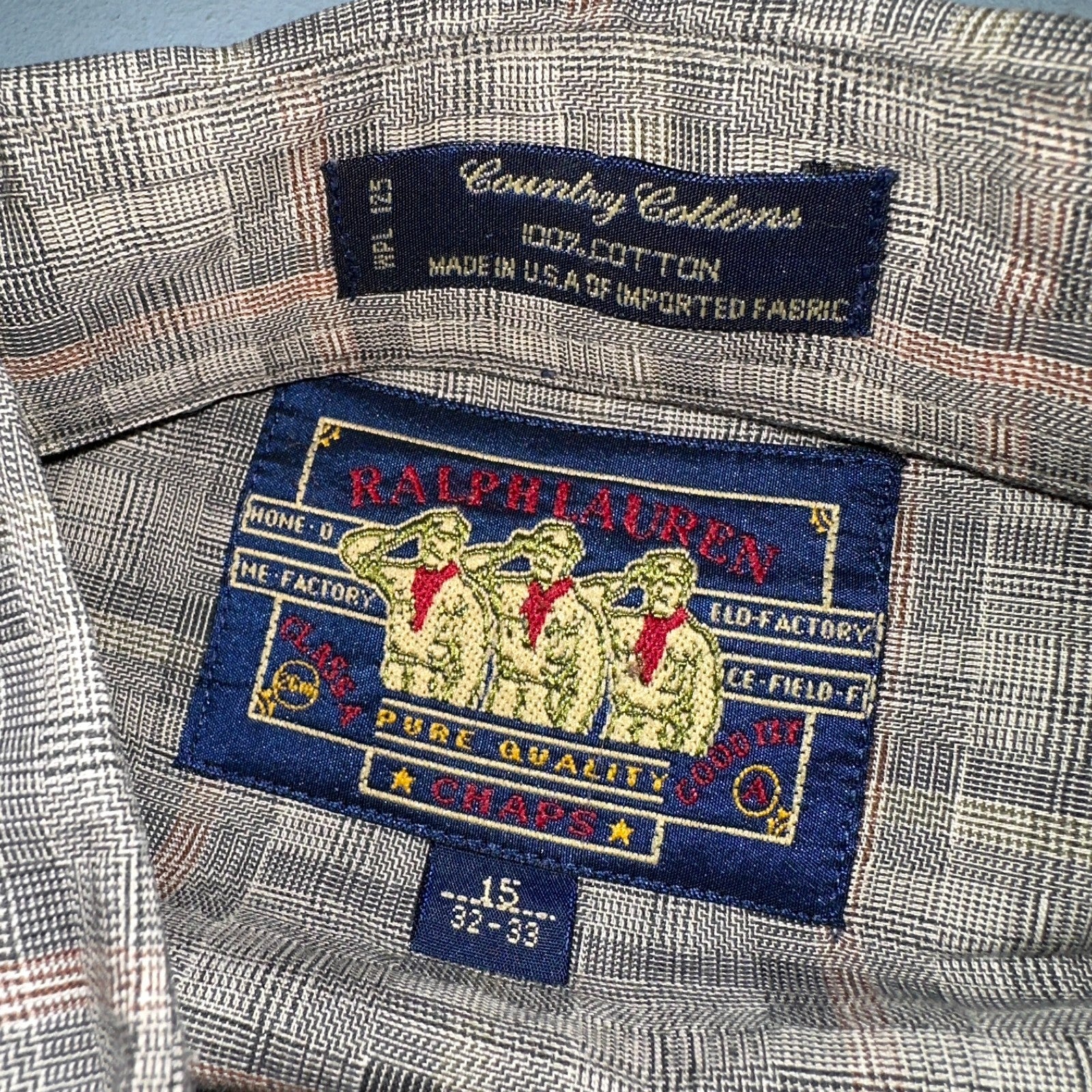 Vintage 90s Ralph Lauren Chaps 15 Plaid Shirt Grey Country Cottons Classic