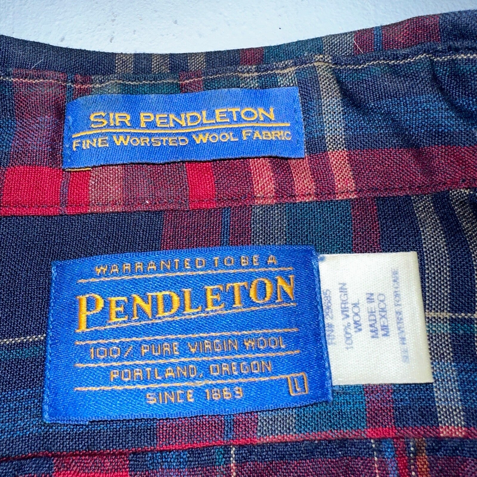 Sir Pendleton Shirt Mens Large Worsted Pure Virgin Wool Multicolor Plaid USA Red
