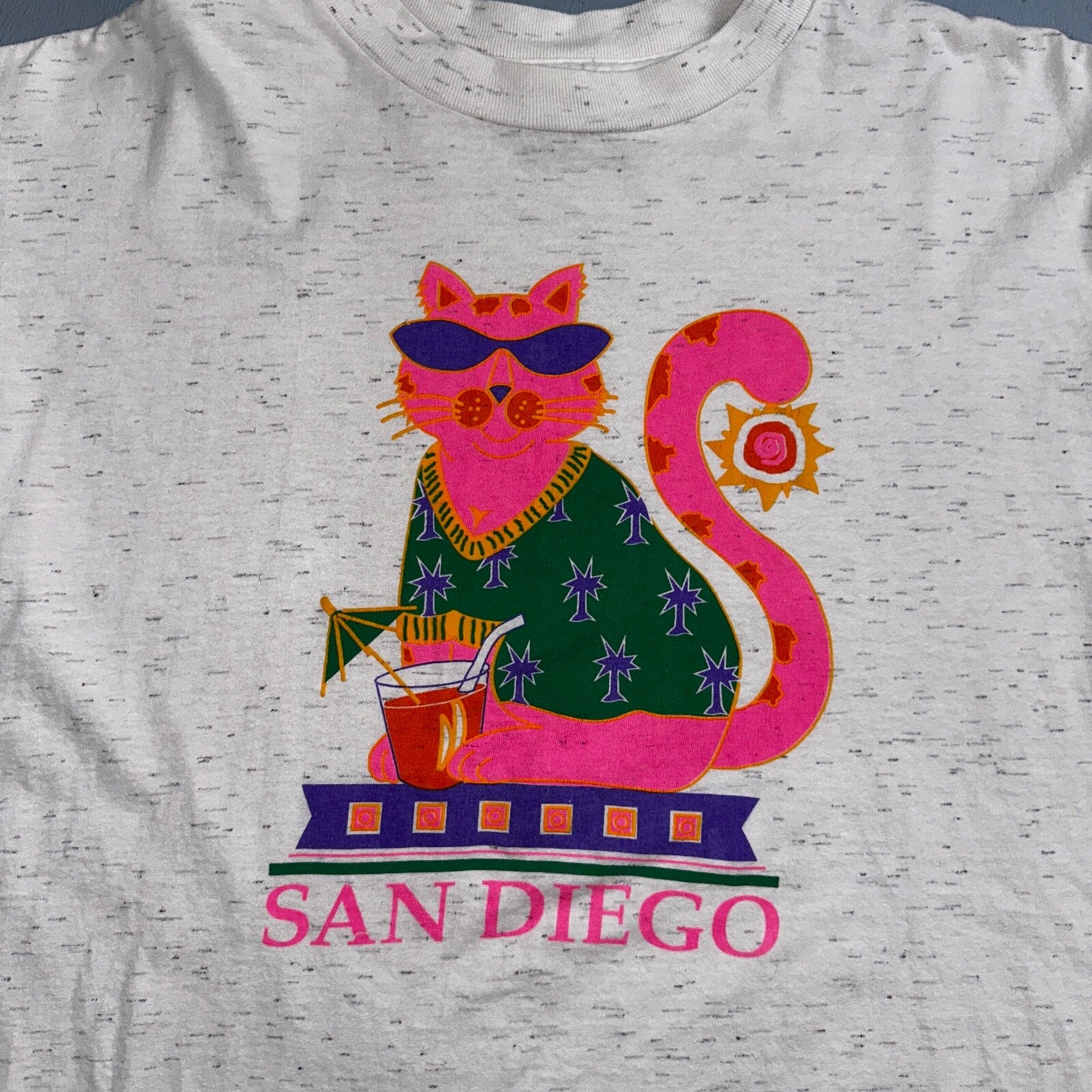 Oneita Cat San Diego VTG T Shirt 90s Gray Heather Cute California USA Pink Sun