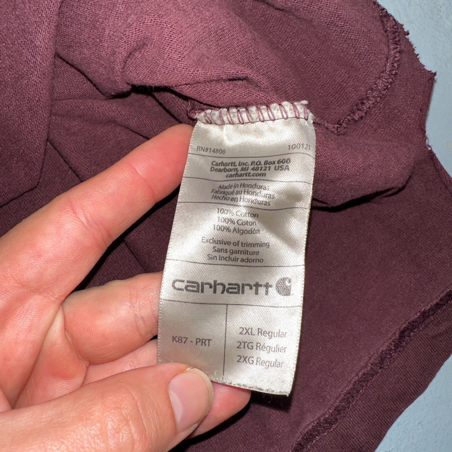 Carhartt K87 PRT Fit Pocket T-Shirt Mens 2XL Maroon Purple Thrashed Holes Worn