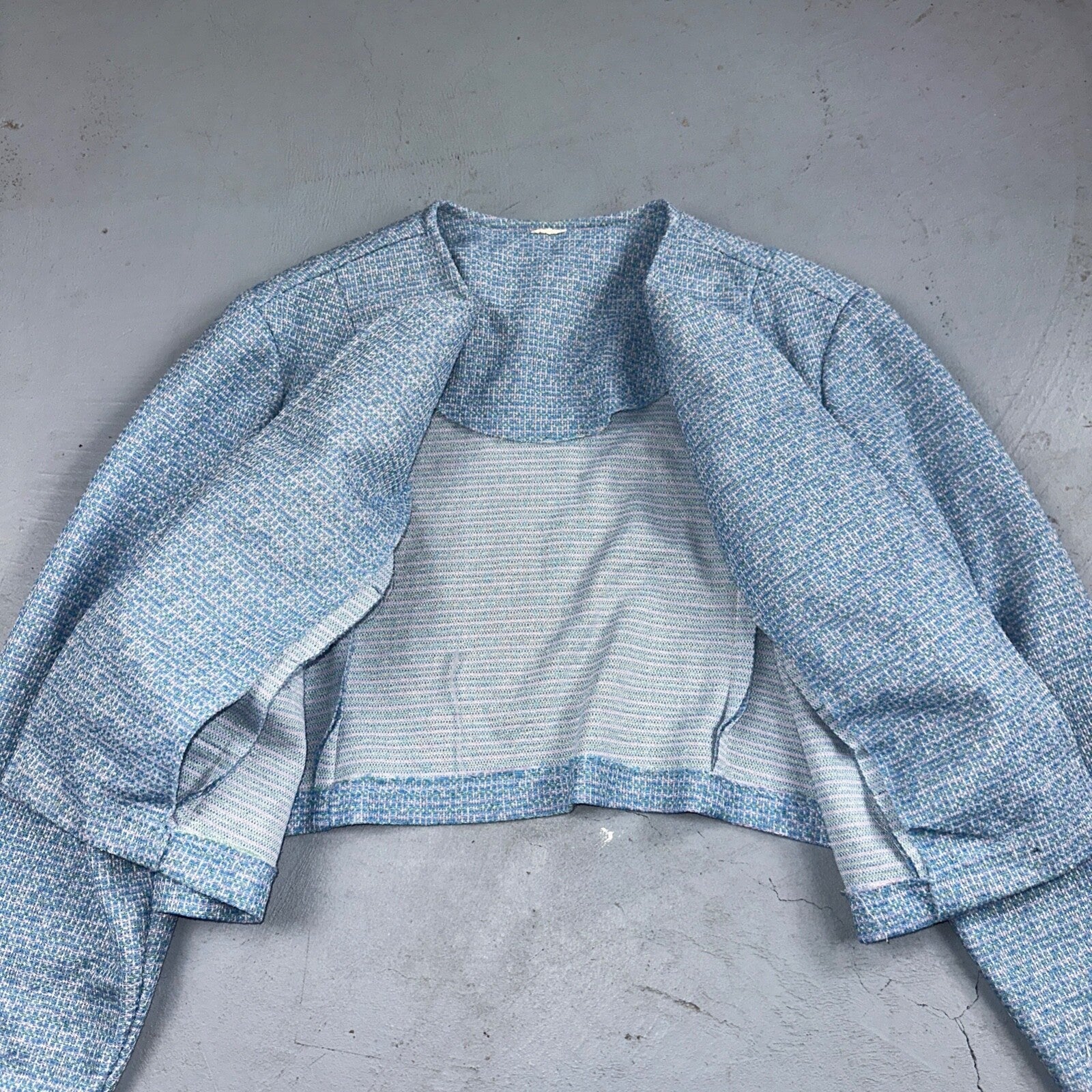 Vtg 70s Blazer Womens Blue Wool Houndstooth Knit Collar Luxury Office USA