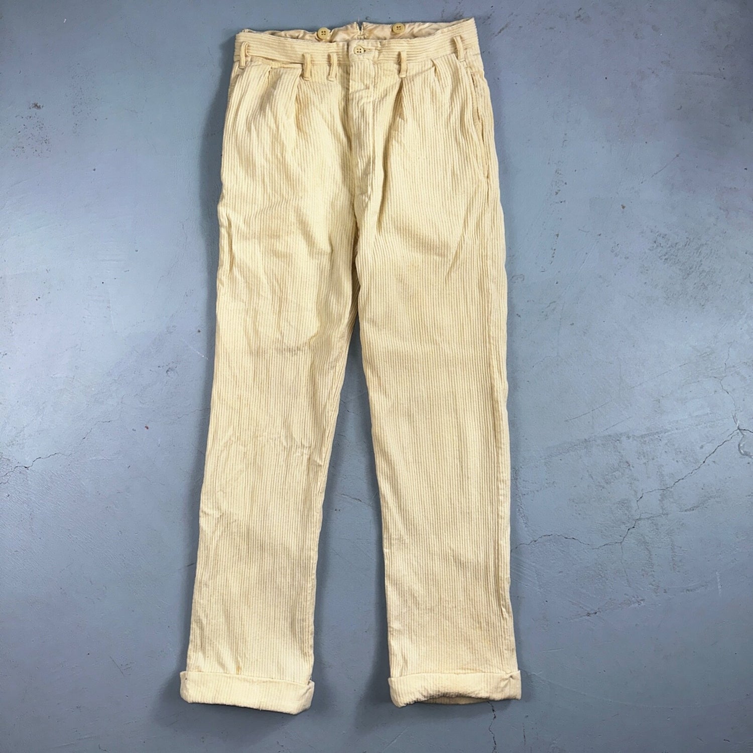 1930s 1940s Pants Mens 27 Yellow Corduroy Chino Straight Pockets Palm Beach Suit