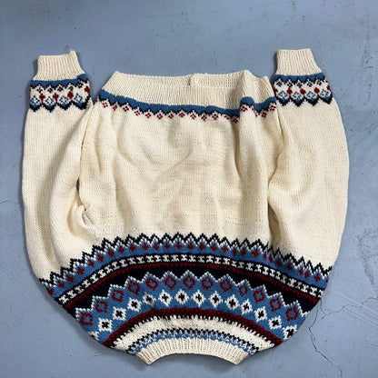 1960s VTG Boho Icelandic Knit Cardigan Large Ivory Red Wool Chunky Grandma Core