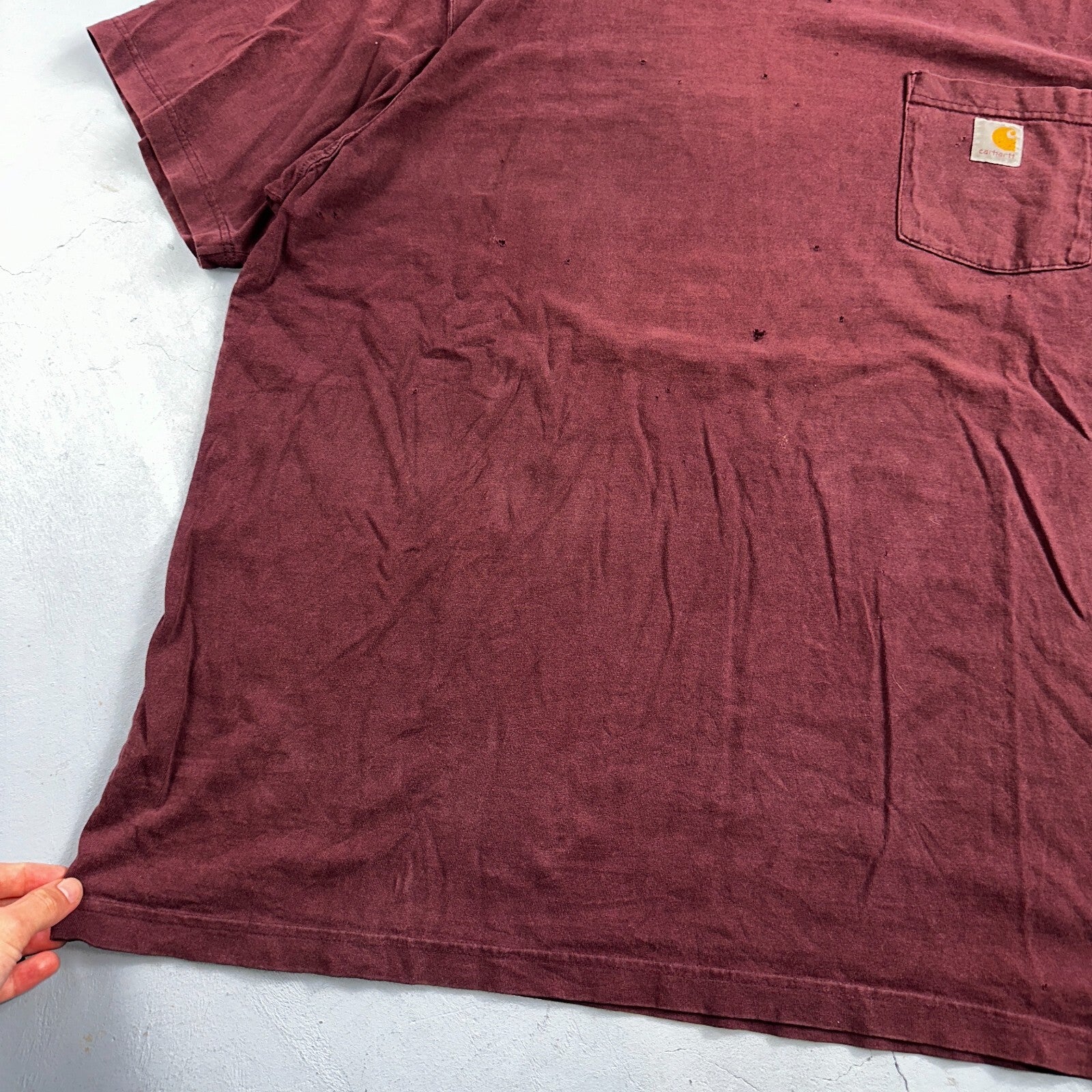 Carhartt K87 PRT Fit Pocket T-Shirt Mens 2XL Maroon Purple Thrashed Holes Worn