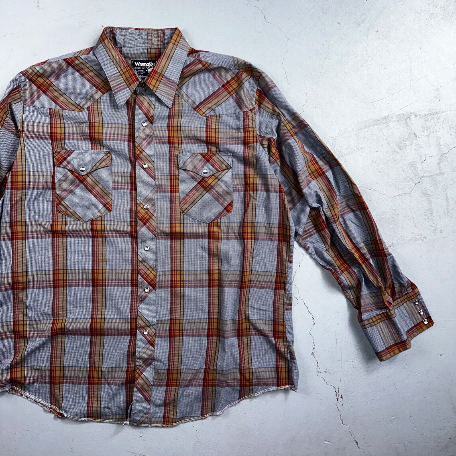 Wrangler VTG Shirt Mens 17.5x35 Plaid Cowboy Cut Pearl Snap Long Tail Rodeo
