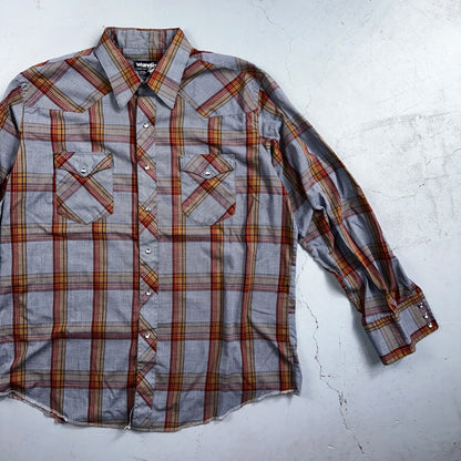 Wrangler VTG Shirt Mens 17.5x35 Plaid Cowboy Cut Pearl Snap Long Tail Rodeo