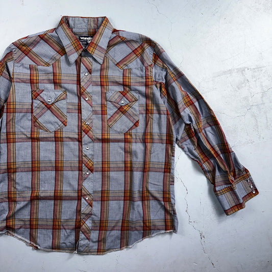 Wrangler VTG Shirt Mens 17.5x35 Plaid Cowboy Cut Pearl Snap Long Tail Rodeo