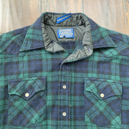 Pendleton Wool Plaid Shirt Western Wear VTG USA Green Pearl Snap Flannel 70s