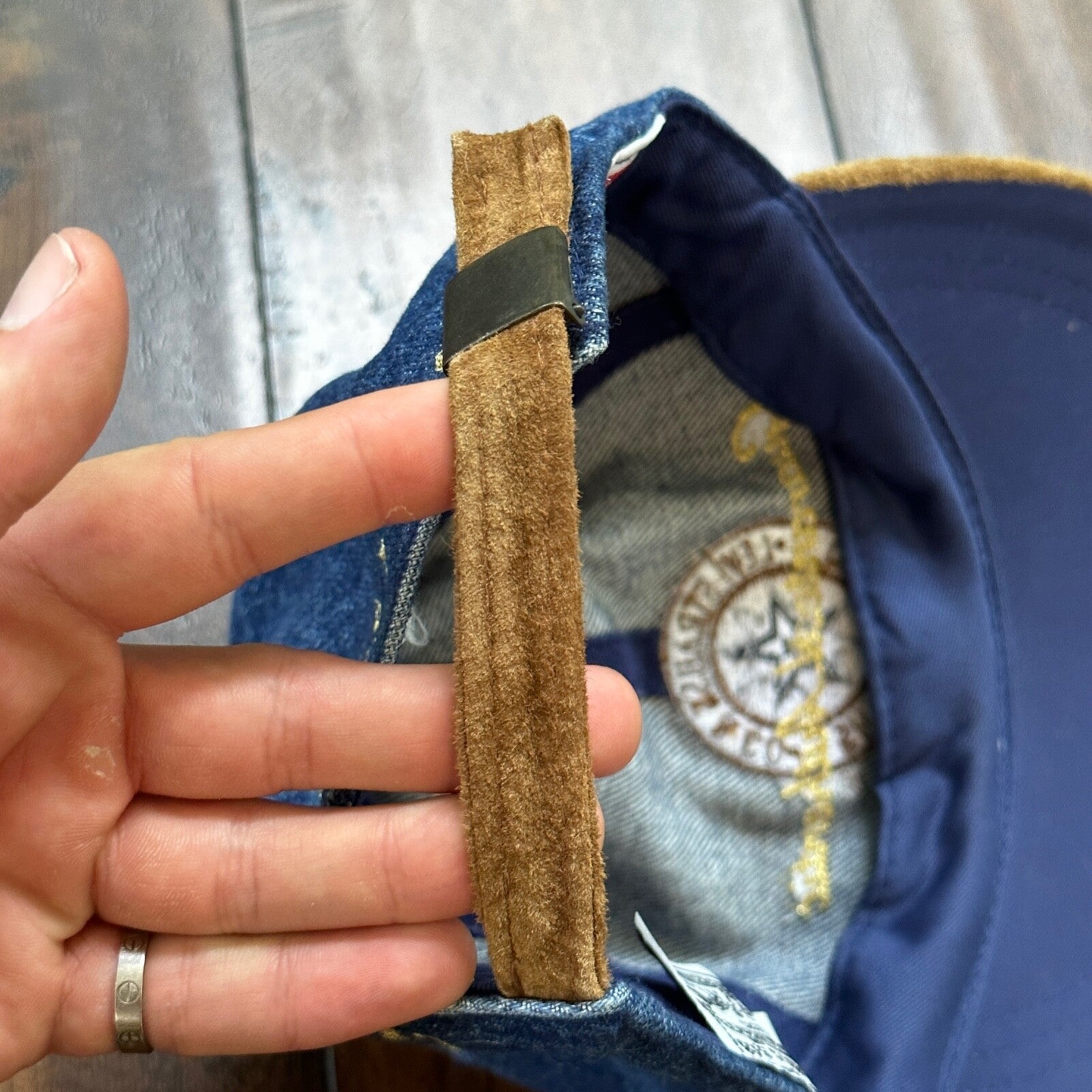 Vintage Levis Jeans Blue Denim w/ Brown Suede Leather Bill Strapback Hat Cap