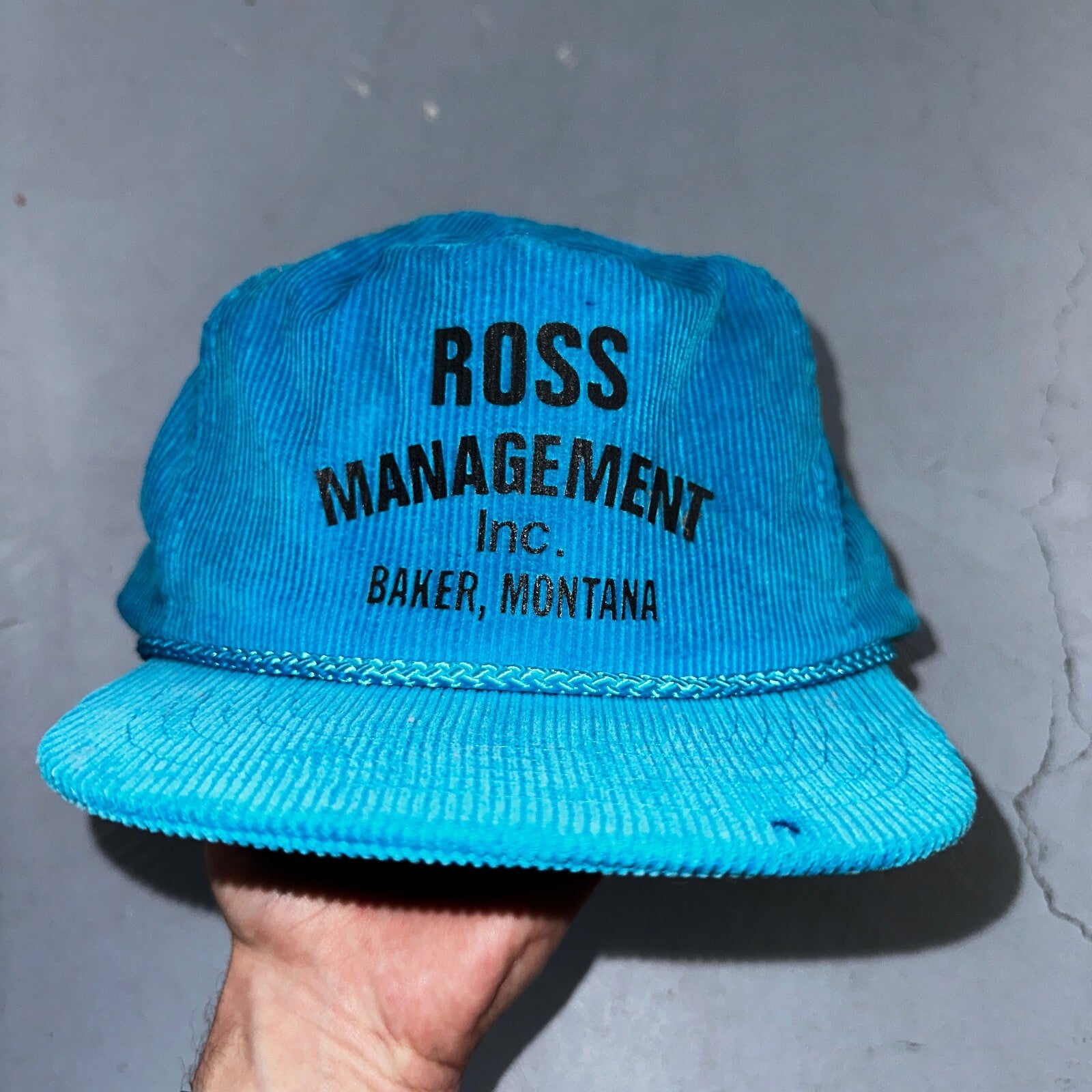 Baker Montana Ross Management Corduroy VTG Hat Cap Snapback Blue Fun Text Otto