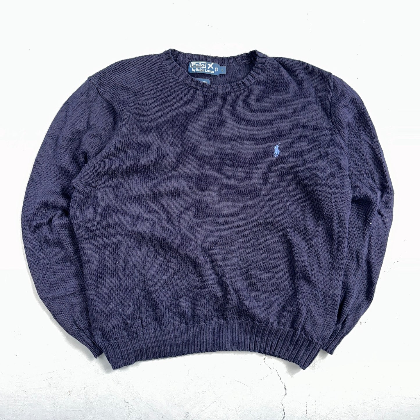 Polo Ralph Lauren Knit Crew Neck Sweater Blue Long Sleeve VTG 90s Cotton Size L