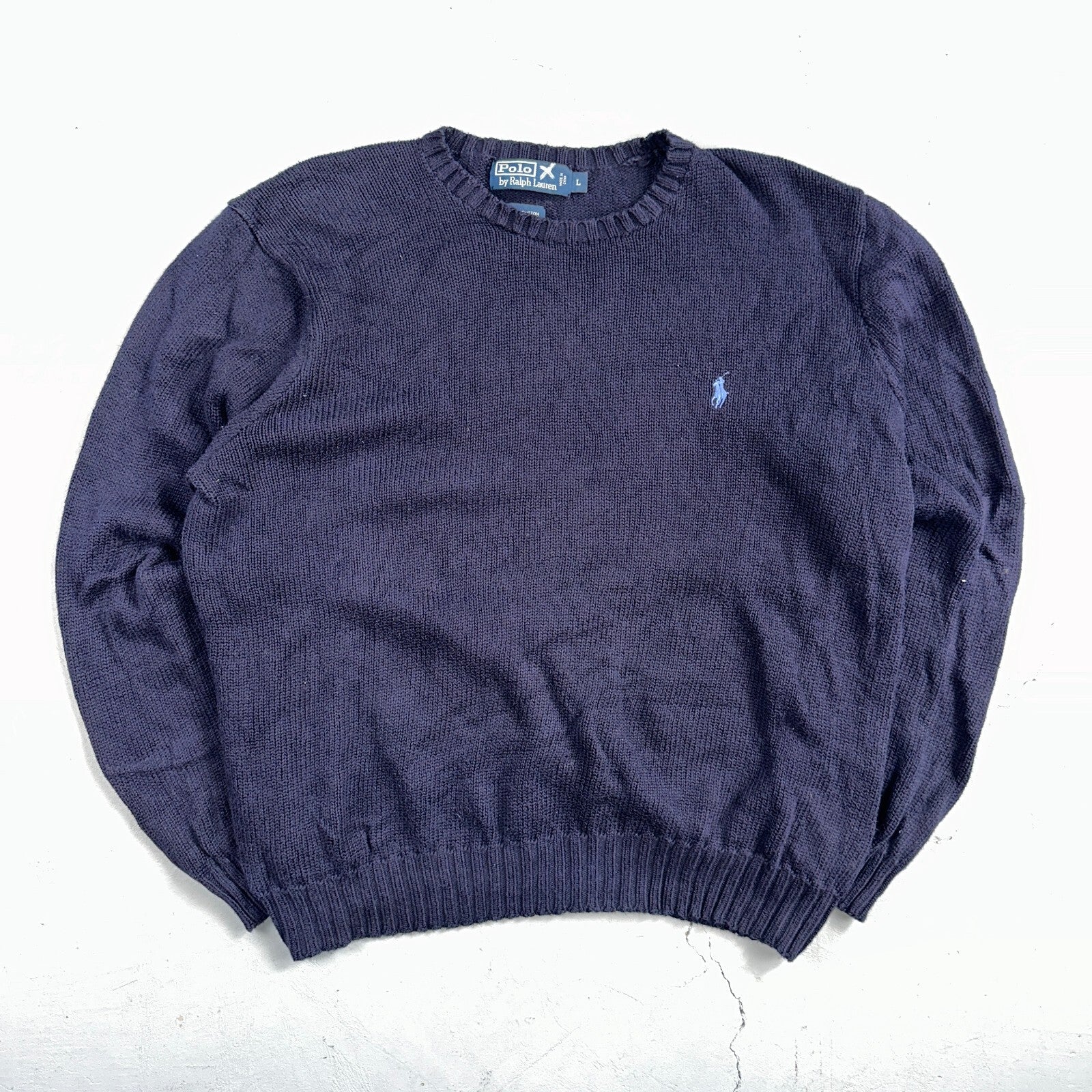 Polo Ralph Lauren Knit Crew Neck Sweater Blue Long Sleeve VTG 90s Cotton Size L