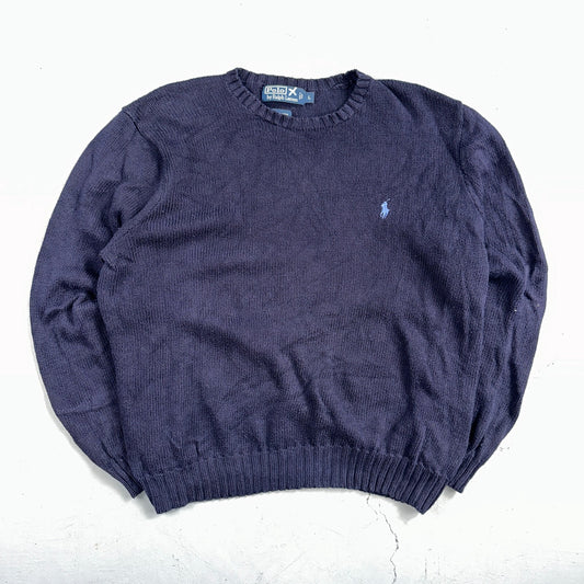 Polo Ralph Lauren Knit Crew Neck Sweater Blue Long Sleeve VTG 90s Cotton Size L