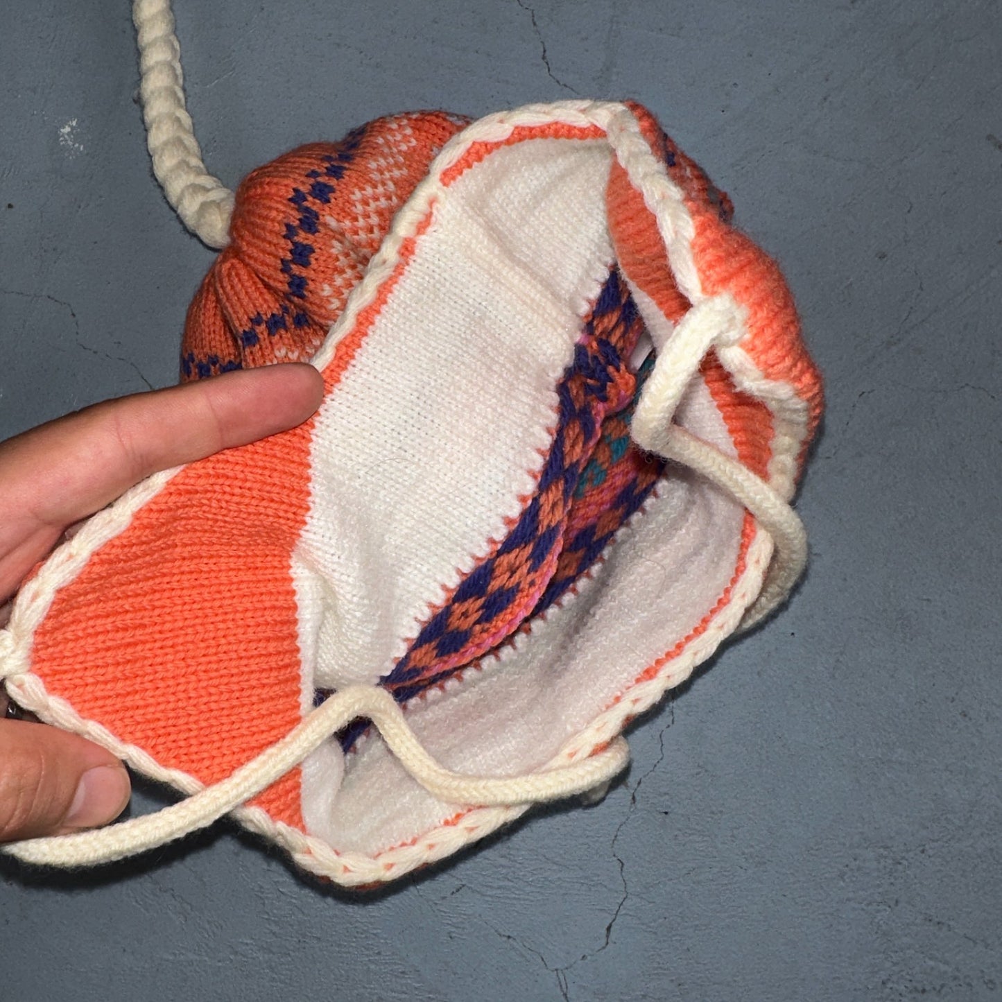 Vintage Snowy River Woolens Earflap Hat Orange Knit Ski Beanie USA Made Peach