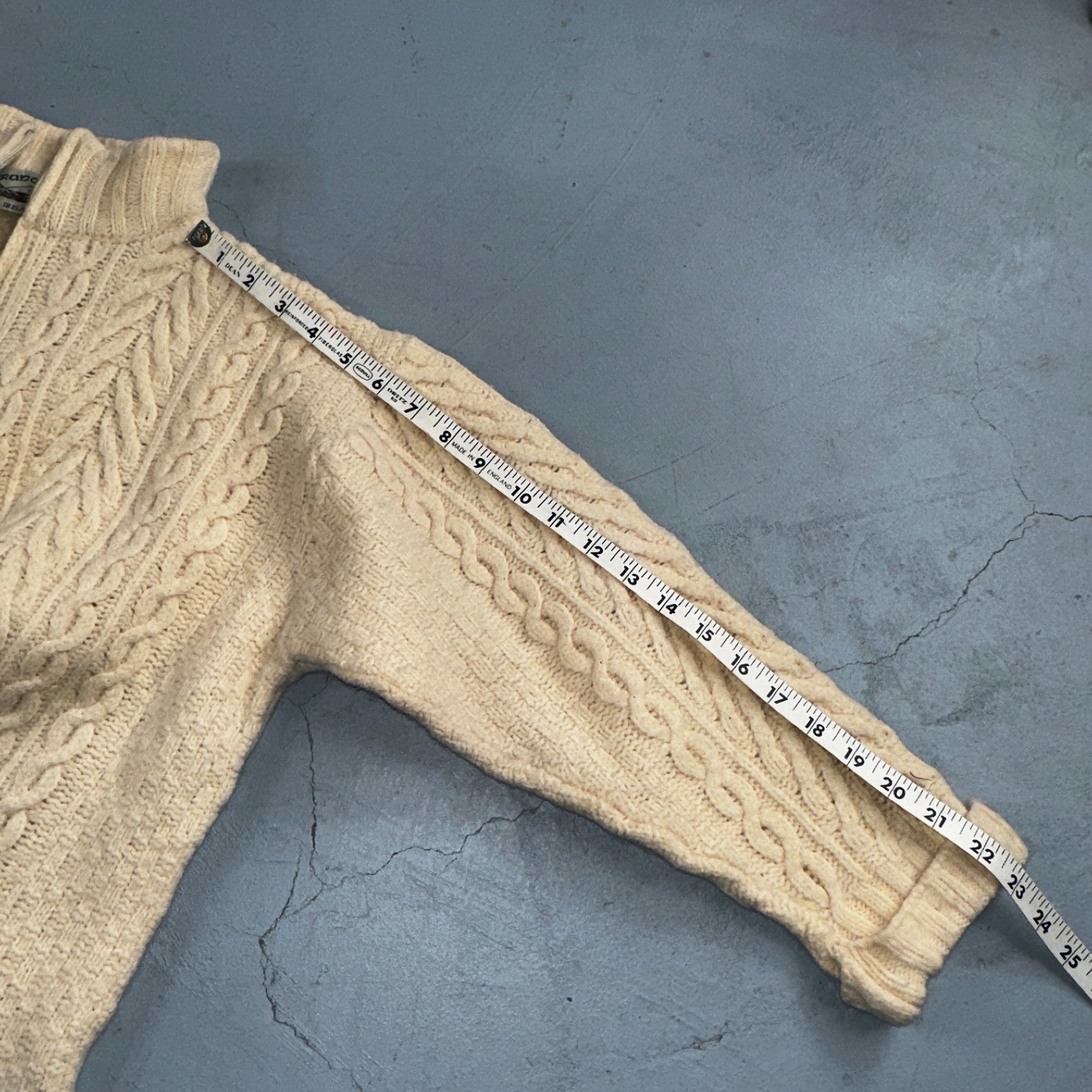 Aran Crafts Ireland Ivory Merino Wool Cable Knit Fisherman Sweater XL 1/4 VTG