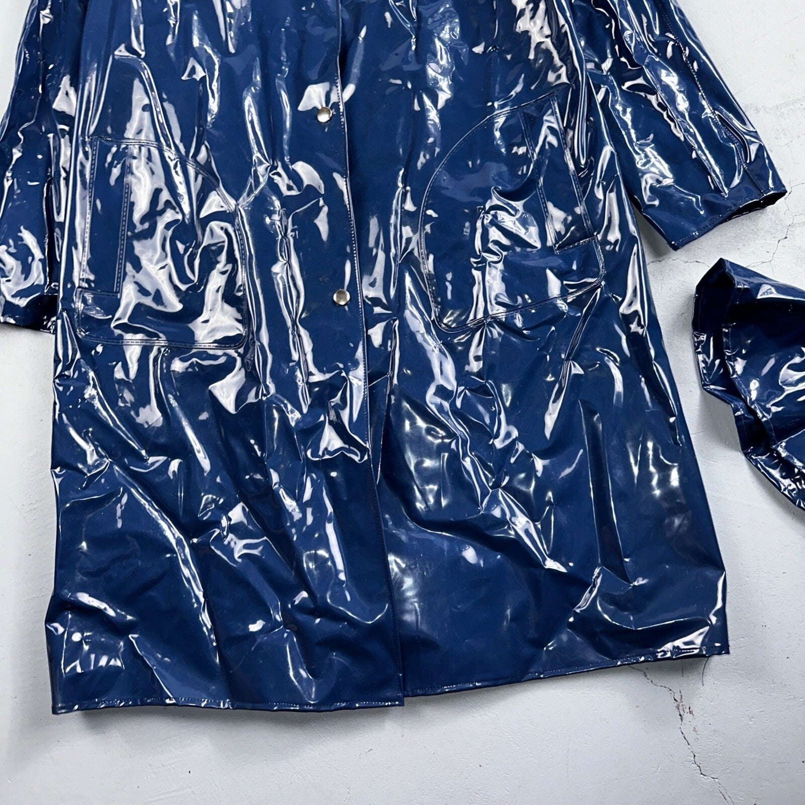 Liliput Womens Blue Trench Raincoat + Bucket Hat Polyester Rubber Vinyl 70s VTG