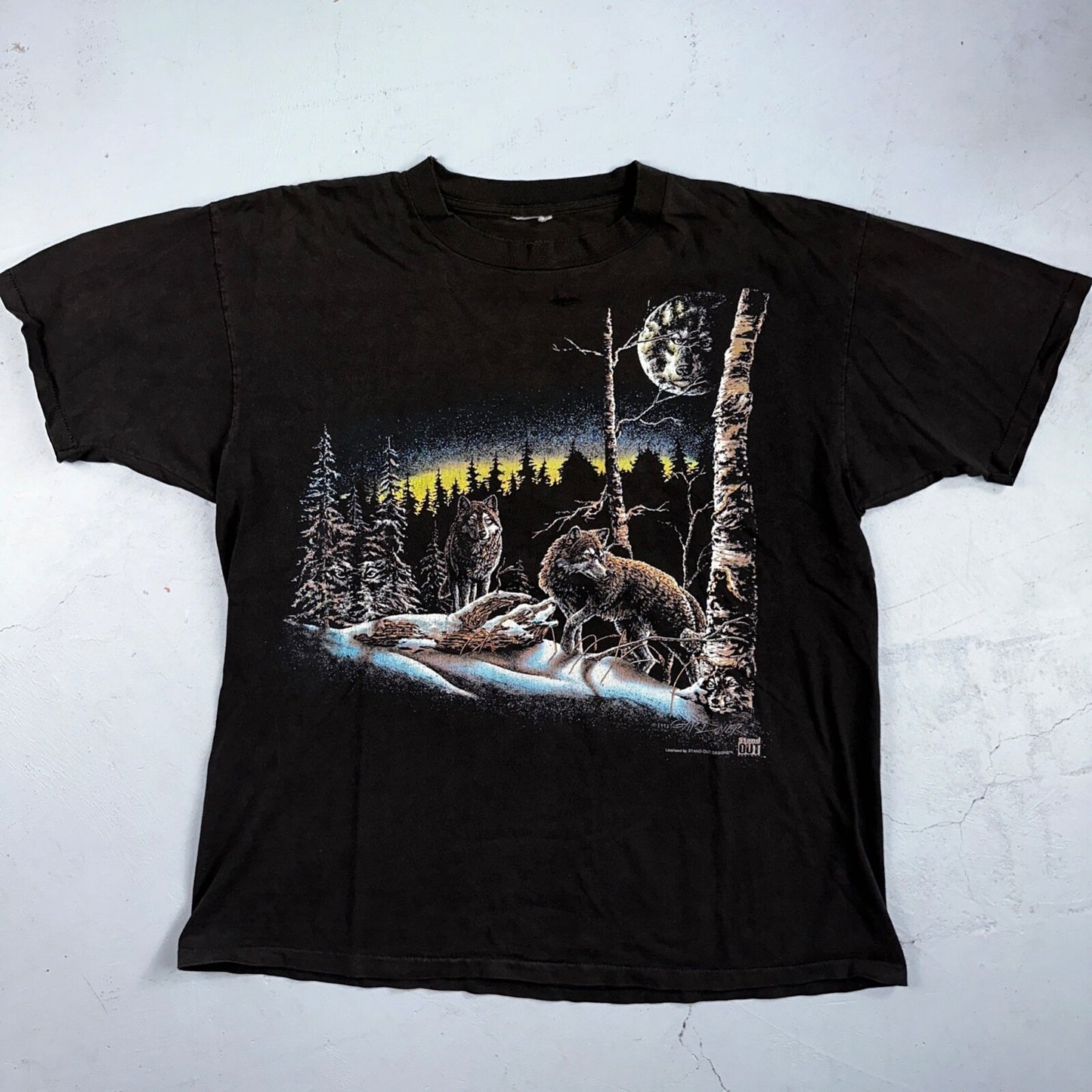 Vintage Wolf Pack Wolves Nature Animals Art Graphic Thrashed T-Shirt Black 90s