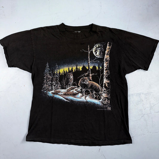 Vintage Wolf Pack Wolves Nature Animals Art Graphic Thrashed T-Shirt Black 90s
