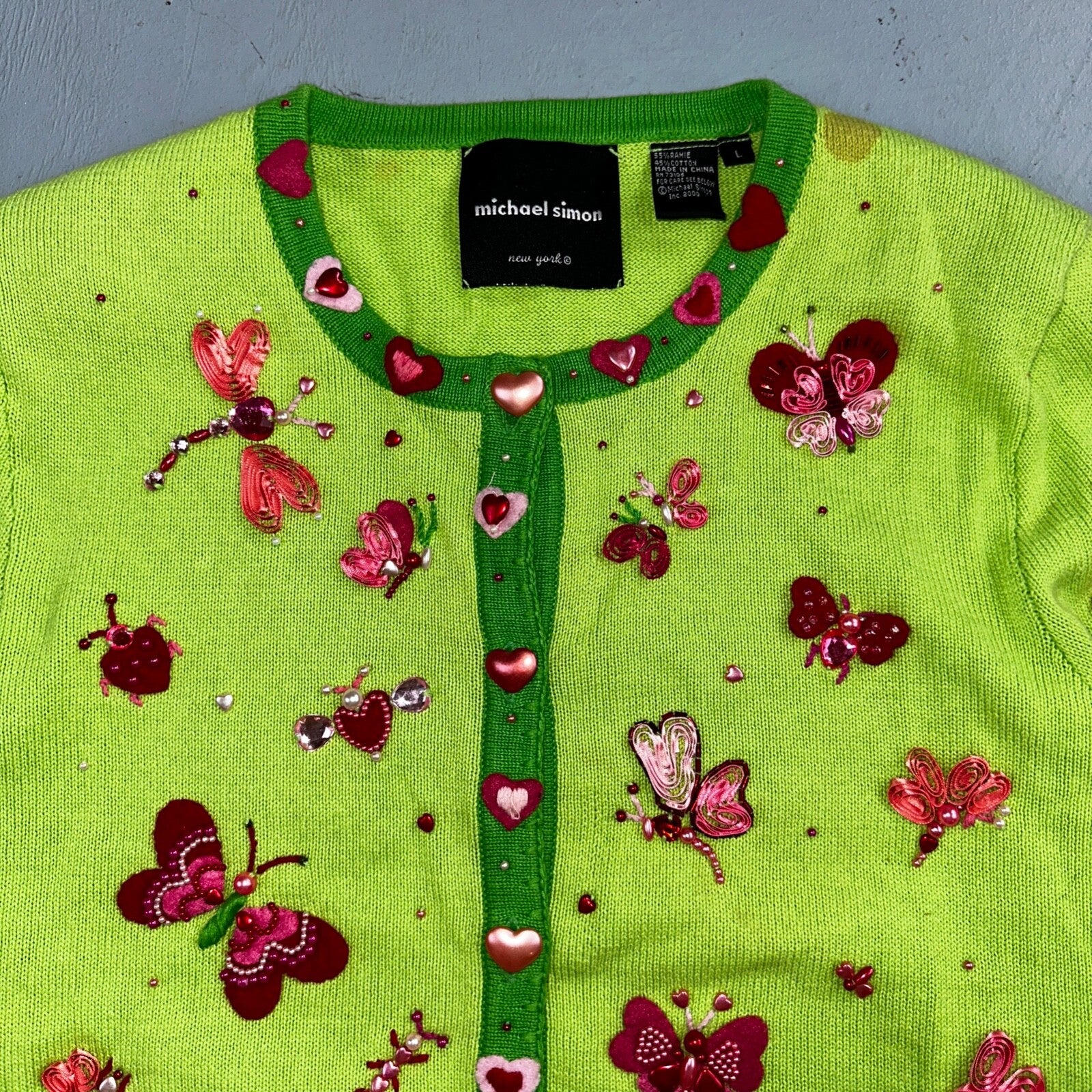 Michael Simon VTG 2000 Dragonfly Hearts Cardigan Sweater Green Valentines Day