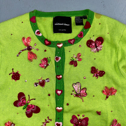 Michael Simon VTG 2000 Dragonfly Hearts Cardigan Sweater Green Valentines Day