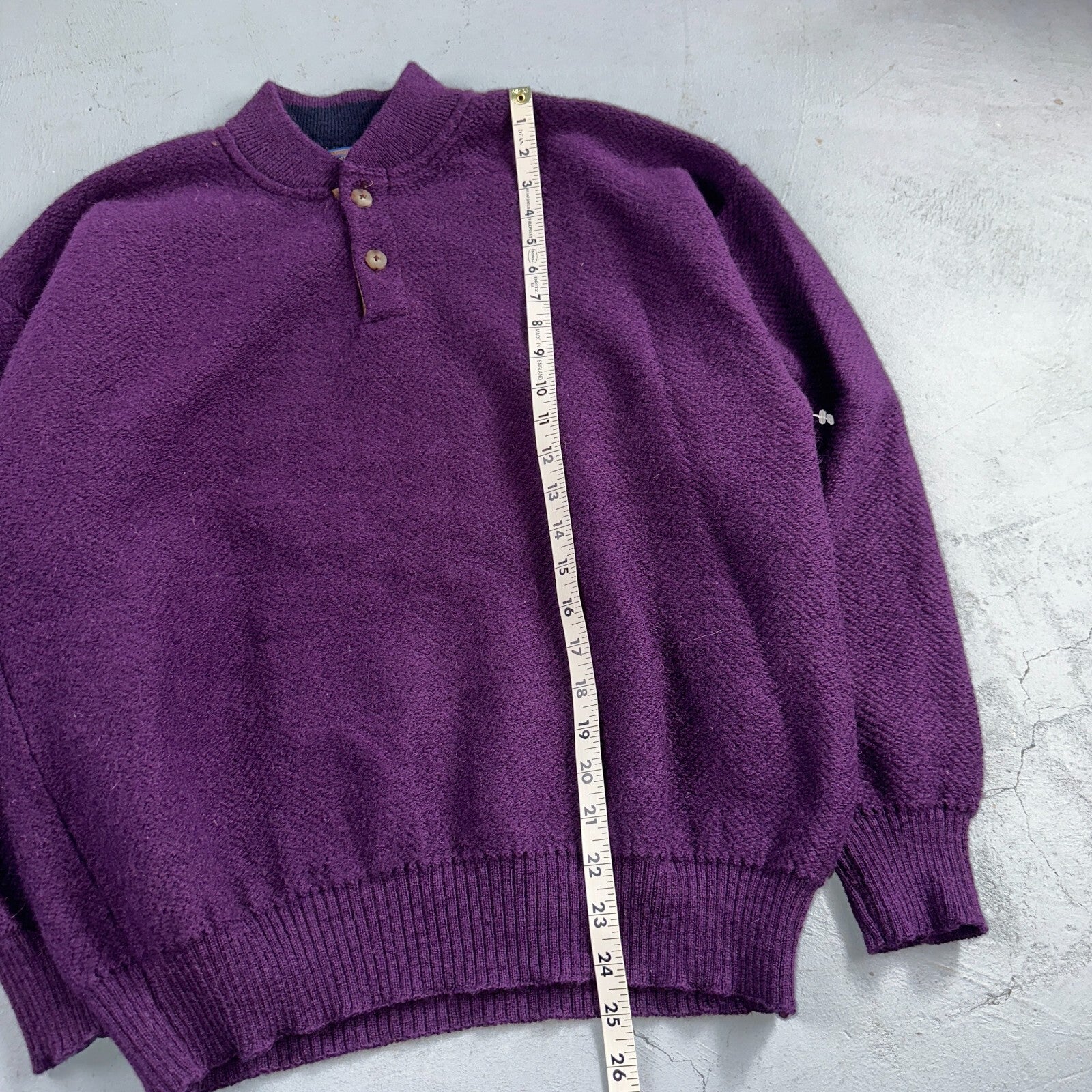 Pendleton 80s Vintage Henry Neck Sweater Elbow Patch Mens Size XL Wool Purple