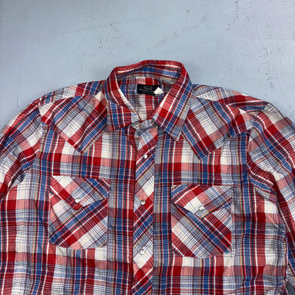 Sears VTG Western Wear L Plaid Ranch Rodeo Shirt Jacket Pearl Snap Red 16