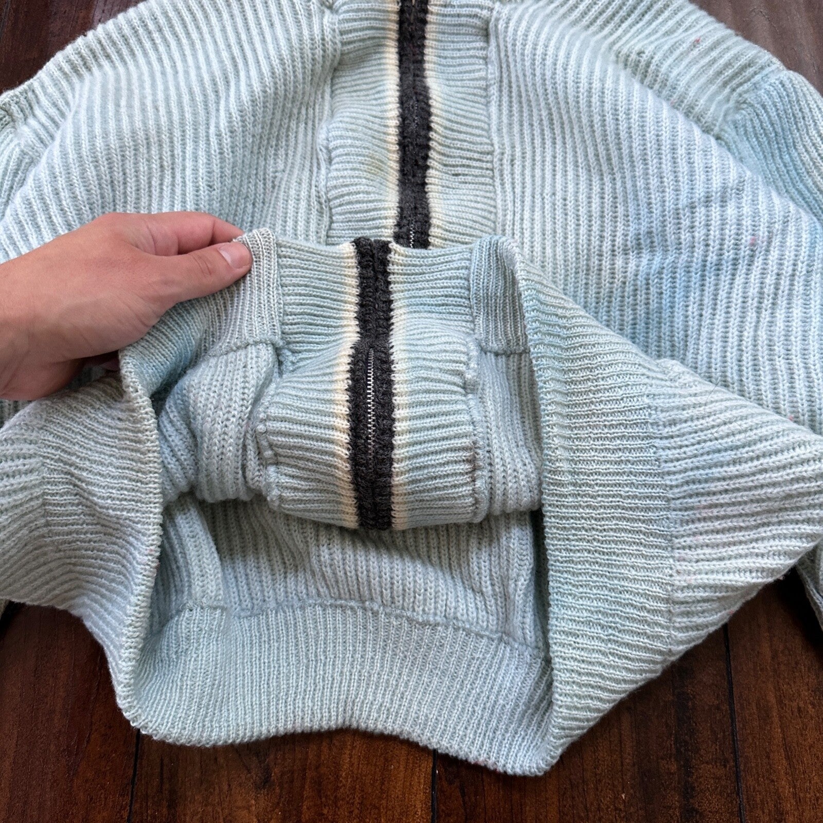 VTG 70s Columbia Knit Rugby Gear Sweater Zip Up Blue Color Block Made In USA