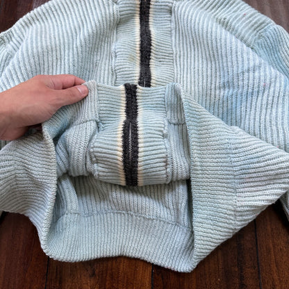 VTG 70s Columbia Knit Rugby Gear Sweater Zip Up Blue Color Block Made In USA
