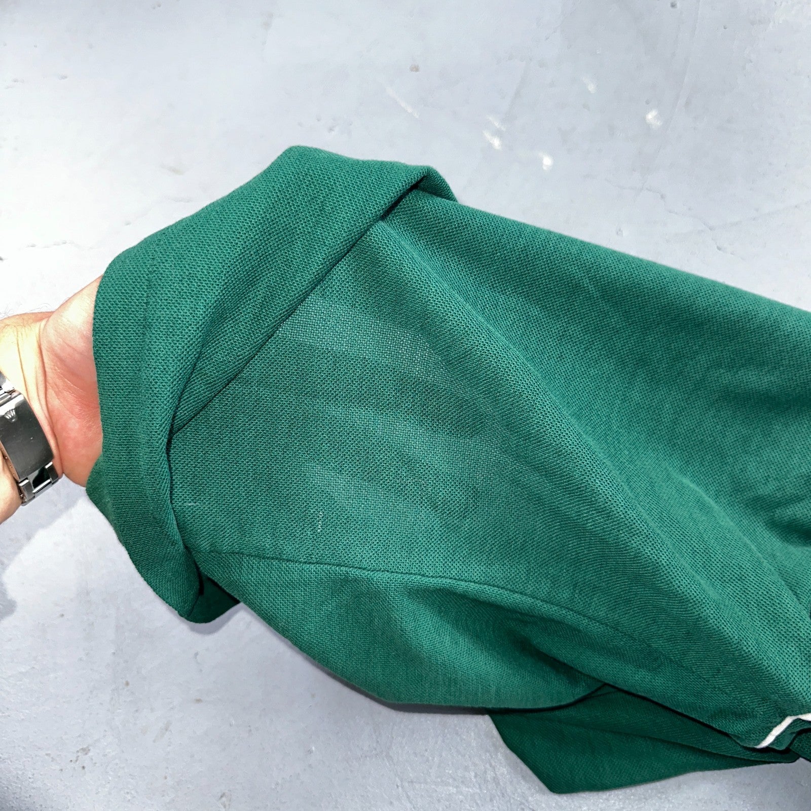 VTG JANTZEN Mens Polo Shirt Striped Collar Small Green White Jersey Cool 80s USA