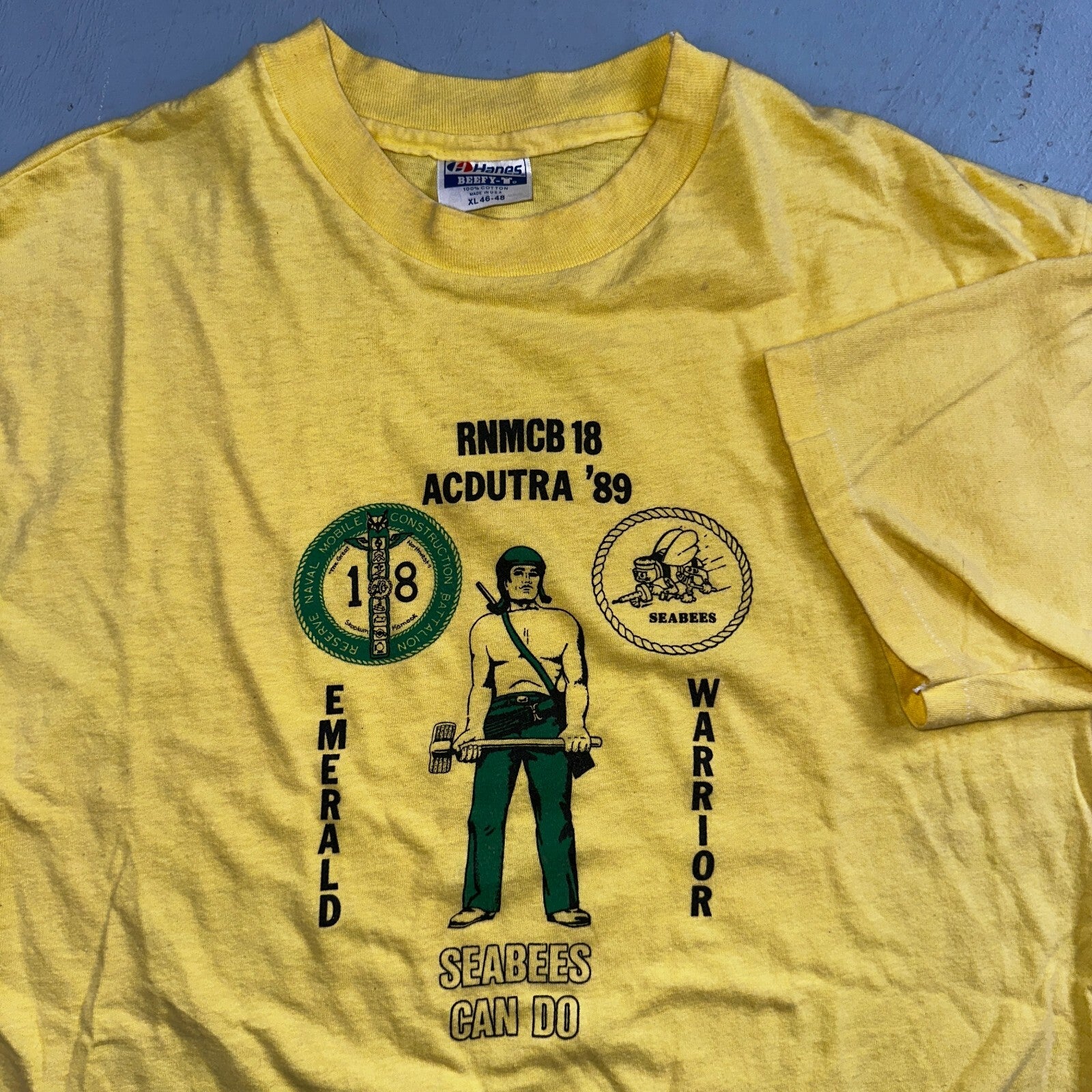 Emerald Warrior 80s Hanes VTG T Shirt Bees Yellow Seabees RNMCB 18 Acdutra Army