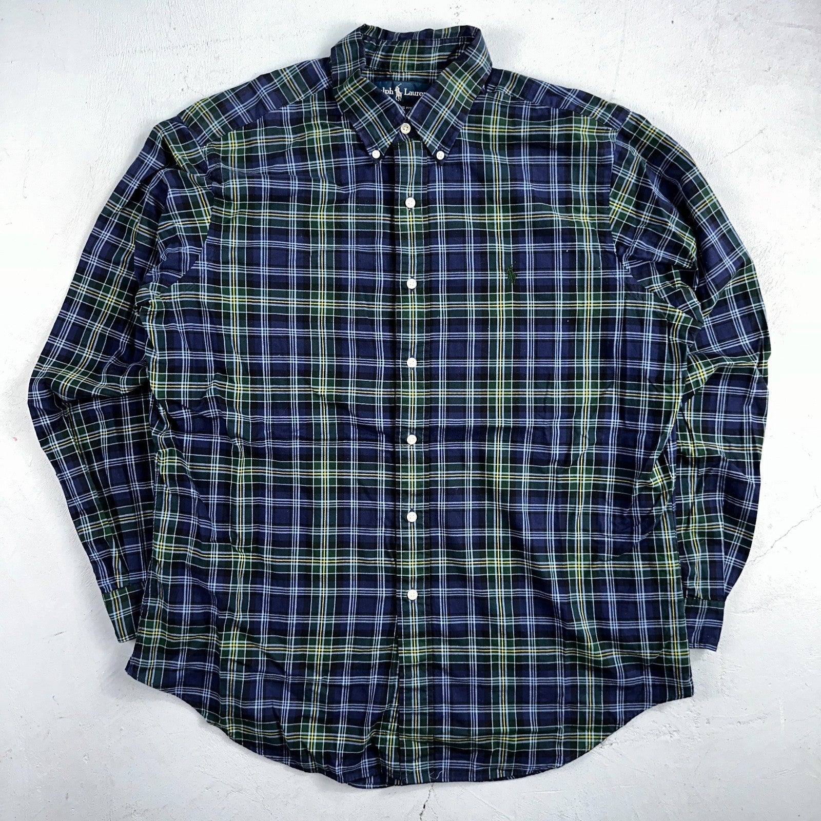 Ralph Lauren Button Up Shirt Men’s Large L Blue Green Yellow Plaid Long Sleeves