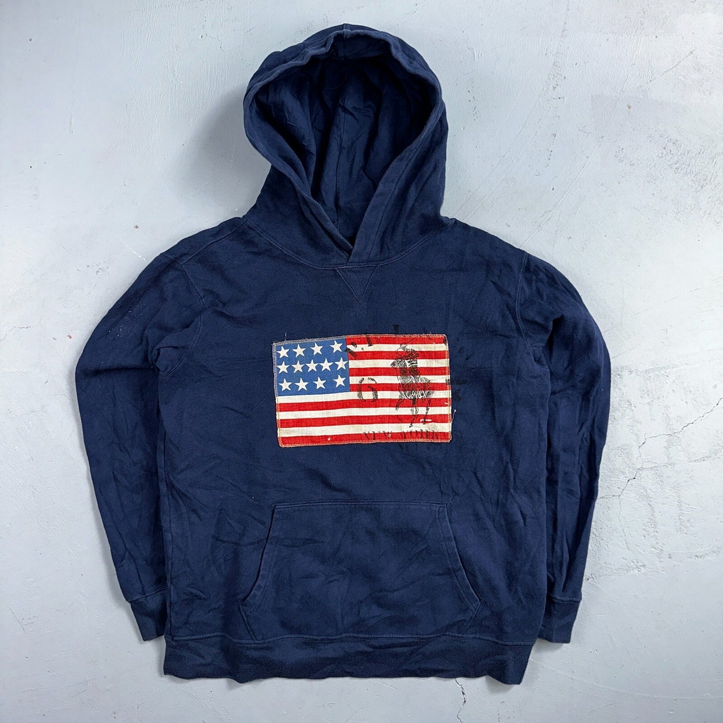 Polo Ralph Lauren Mens Small Americana Flag Slim Navy Hoodie Sweater RL VTG Styl