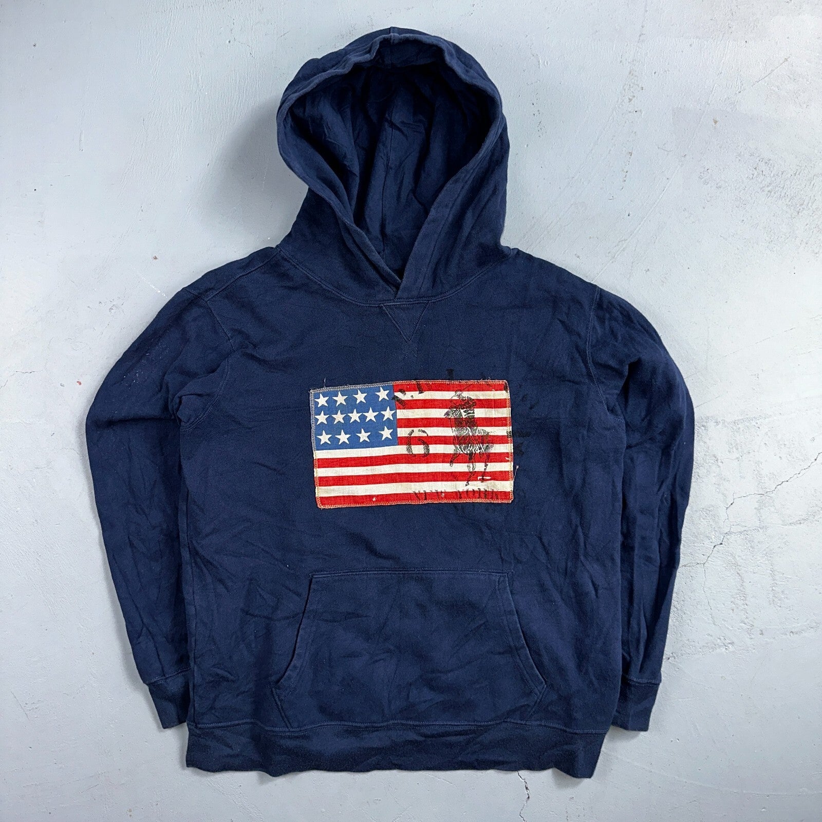 Polo Ralph Lauren Mens Small Americana Flag Slim Navy Hoodie Sweater RL VTG Styl
