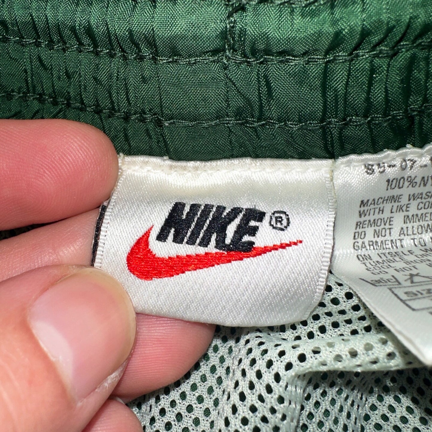 Nike Vintage Green Nylon Shorts Swoosh 2XL 90s White Tag 5” Inseam Running Swim