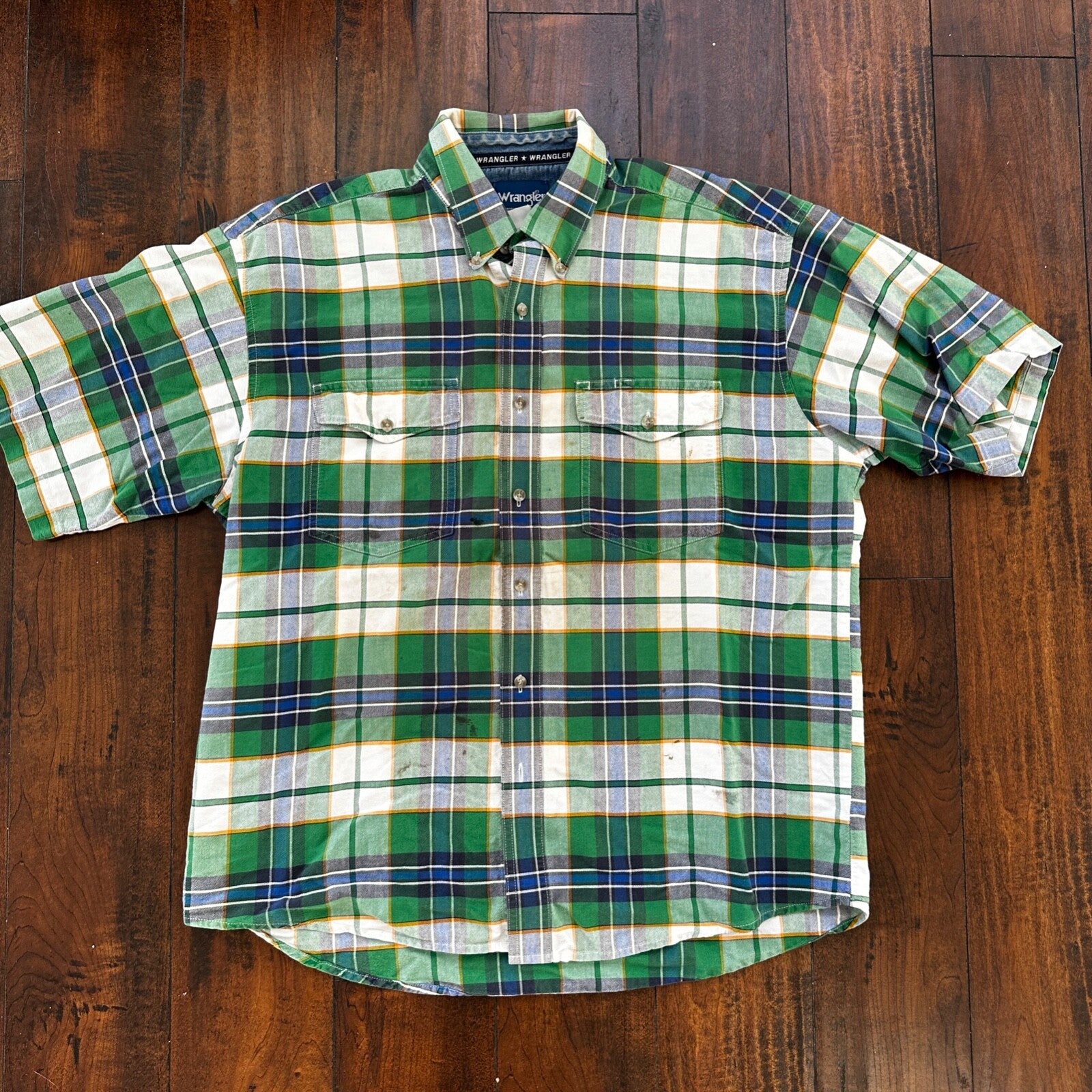 Wrangler Shirt 2XL XXL Green Blue Plaid Cowboy 90s Western Button Casual Mens