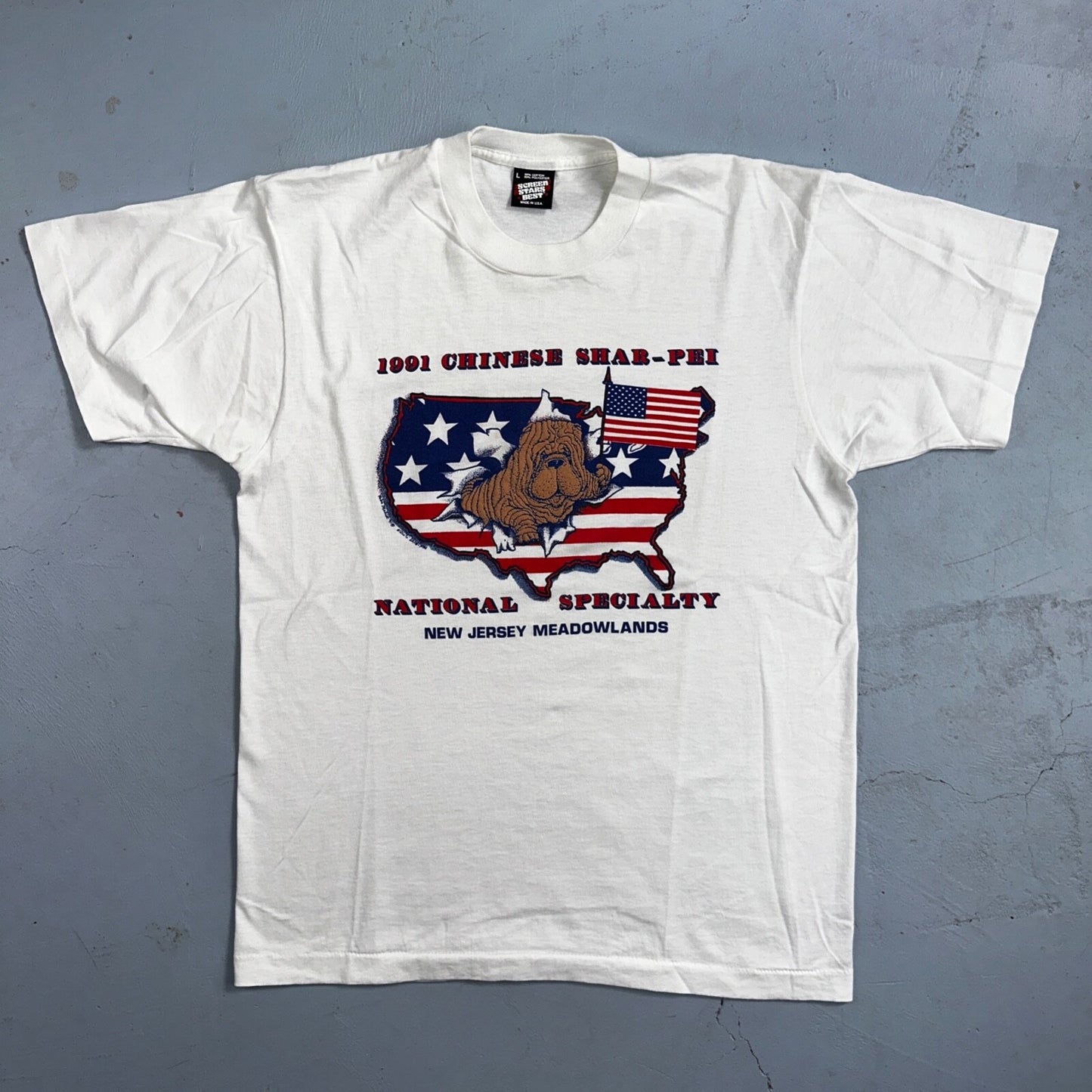 Chinese Shar Pei USA VTG T Shirt 1991 New Jersey Flag Animals Love Cute Dog