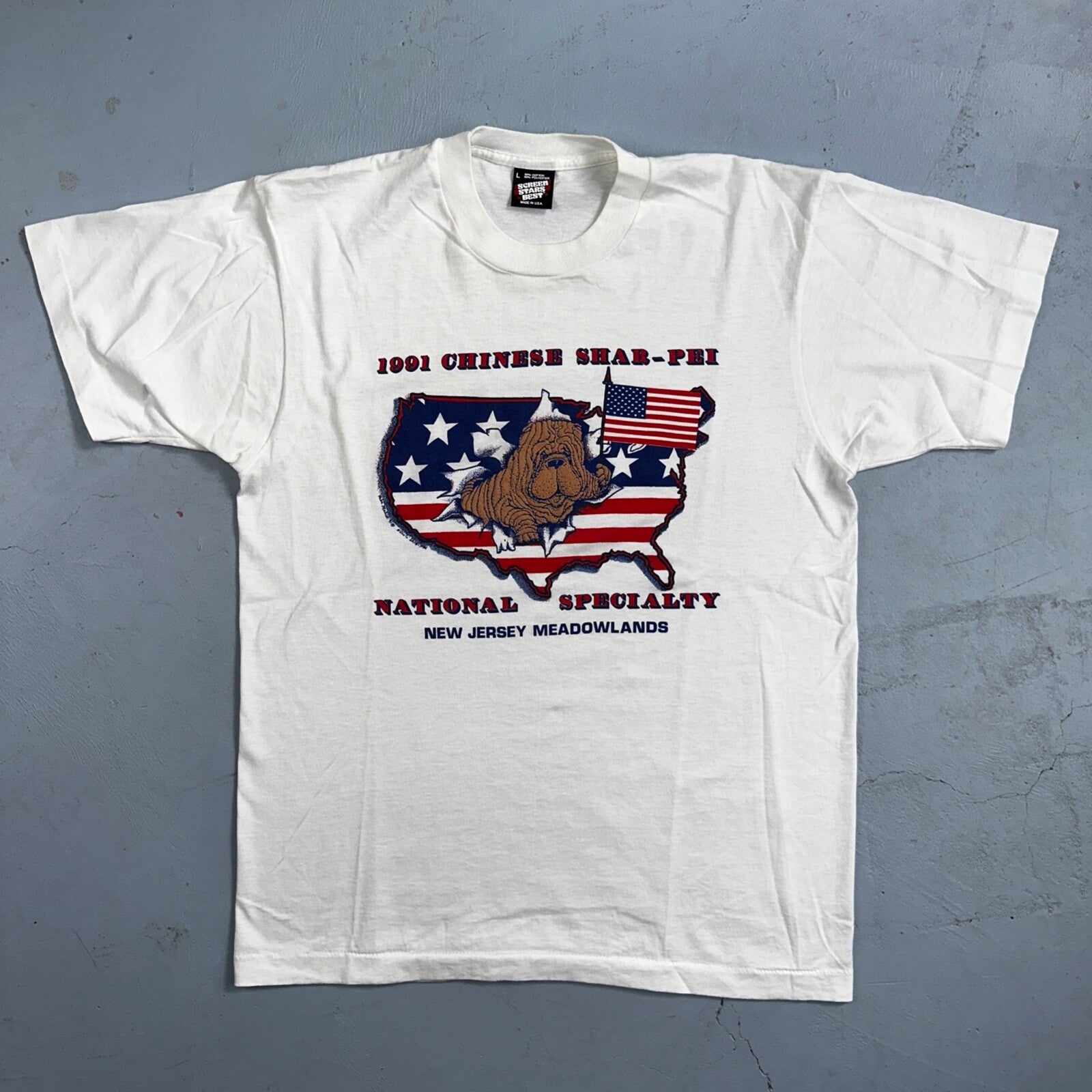 Chinese Shar Pei USA VTG T Shirt 1991 New Jersey Flag Animals Love Cute Dog