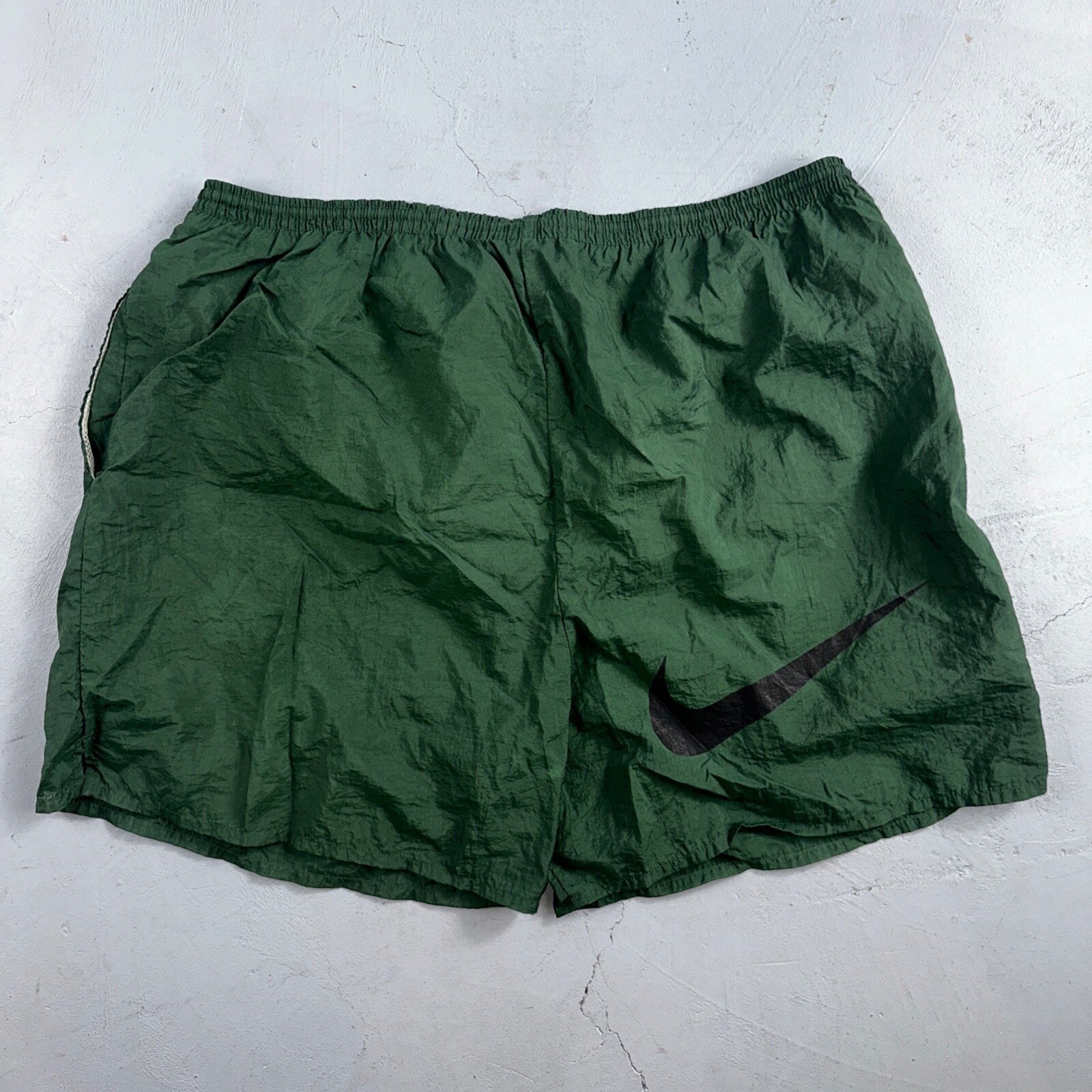 Nike Vintage Green Nylon Shorts Swoosh 2XL 90s White Tag 5” Inseam Running Swim