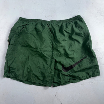 Nike Vintage Green Nylon Shorts Swoosh 2XL 90s White Tag 5” Inseam Running Swim