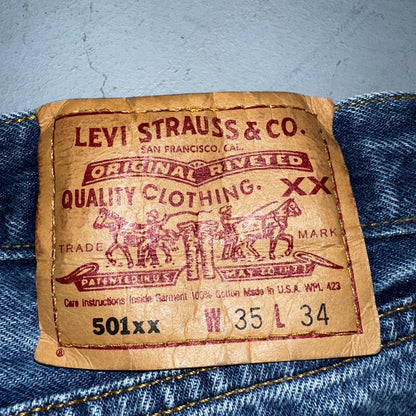 Levis 501 Vintage 90s USA XX Straight Leg Jeans Blue Light Wash 35x34 Act 32x30