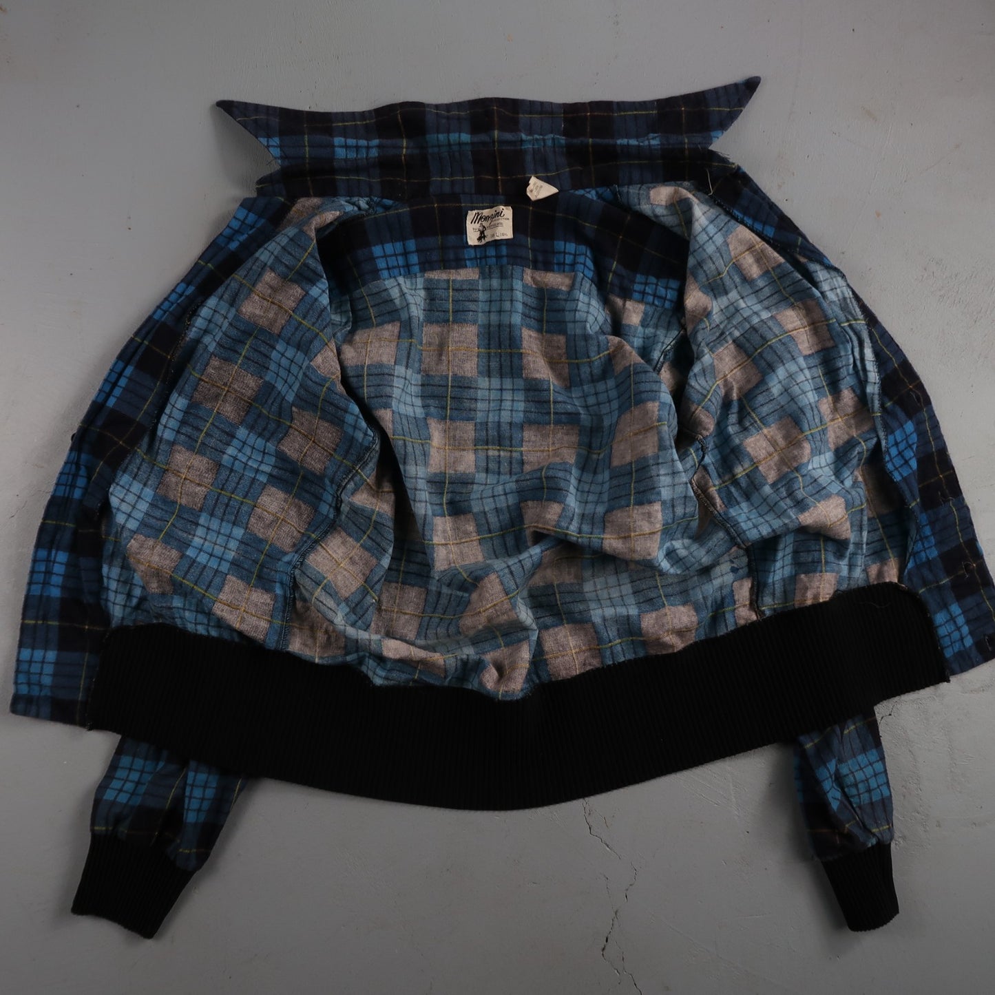 VTG 1970s Men's L Blue Flannel Shirt Black Ribbed Ricky Monzini USA Rockabilly