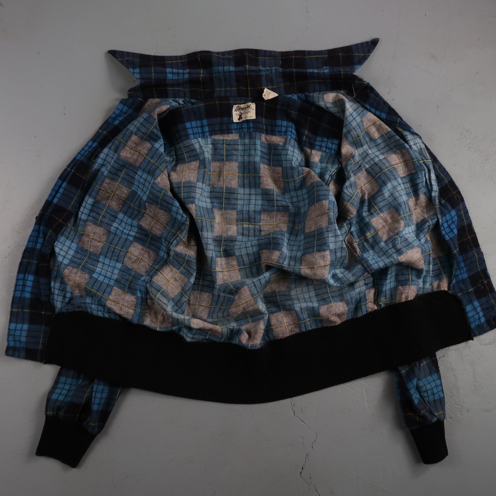 VTG 1970s Men's L Blue Flannel Shirt Black Ribbed Ricky Monzini USA Rockabilly