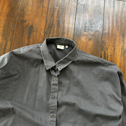 Good Luck Gem Dark Grey Boxy Cotton Button Up Shirt Raw Edge Hem Lightweight