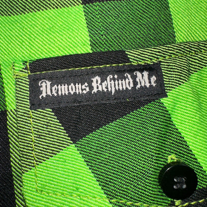 Demons Behind Me Men's Long Sleeve Button-Up Flannel Shirt Green/Black Size 5XL