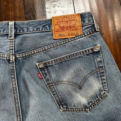 VTG 90s Levis 501 Button Fly 38x36 USA Tag Jeans Straight Wash Blue XX Act 35x32